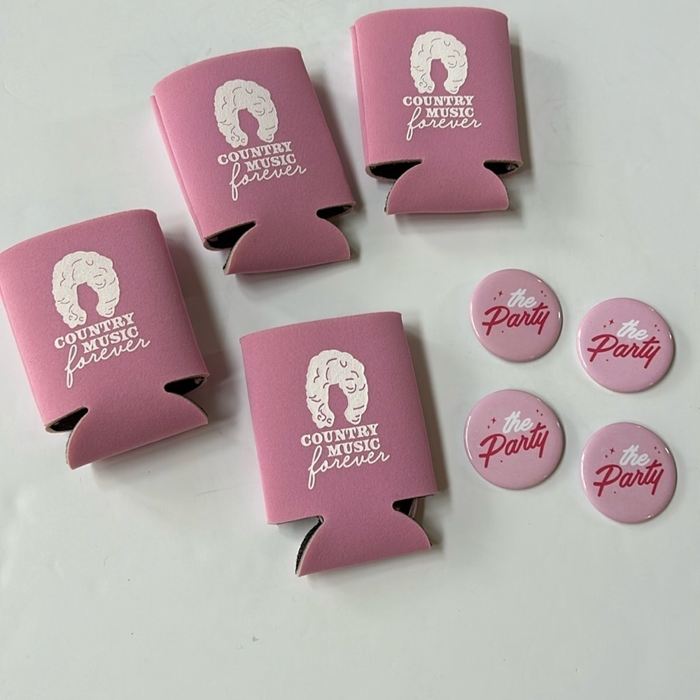 Dolly Parton Pink Can Koozies and Buttons(set of 4)